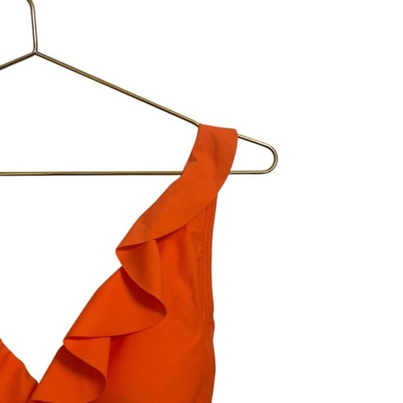 DKNY Womens Orange Ruffle V-Neck Ruched One Piece Swimsuit Size 10 NEW - Picture 2 of 6